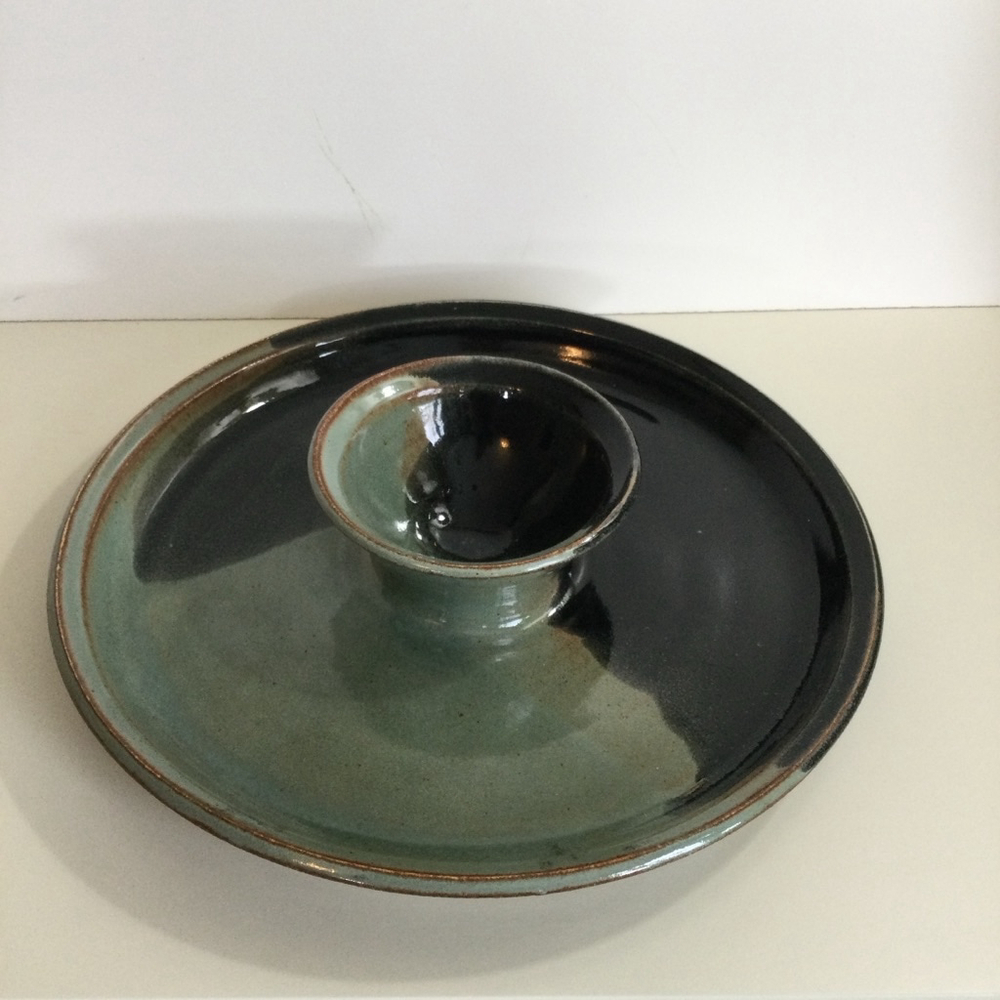 Vintage Serving Plate Black and Green 12 inch diameter pottery